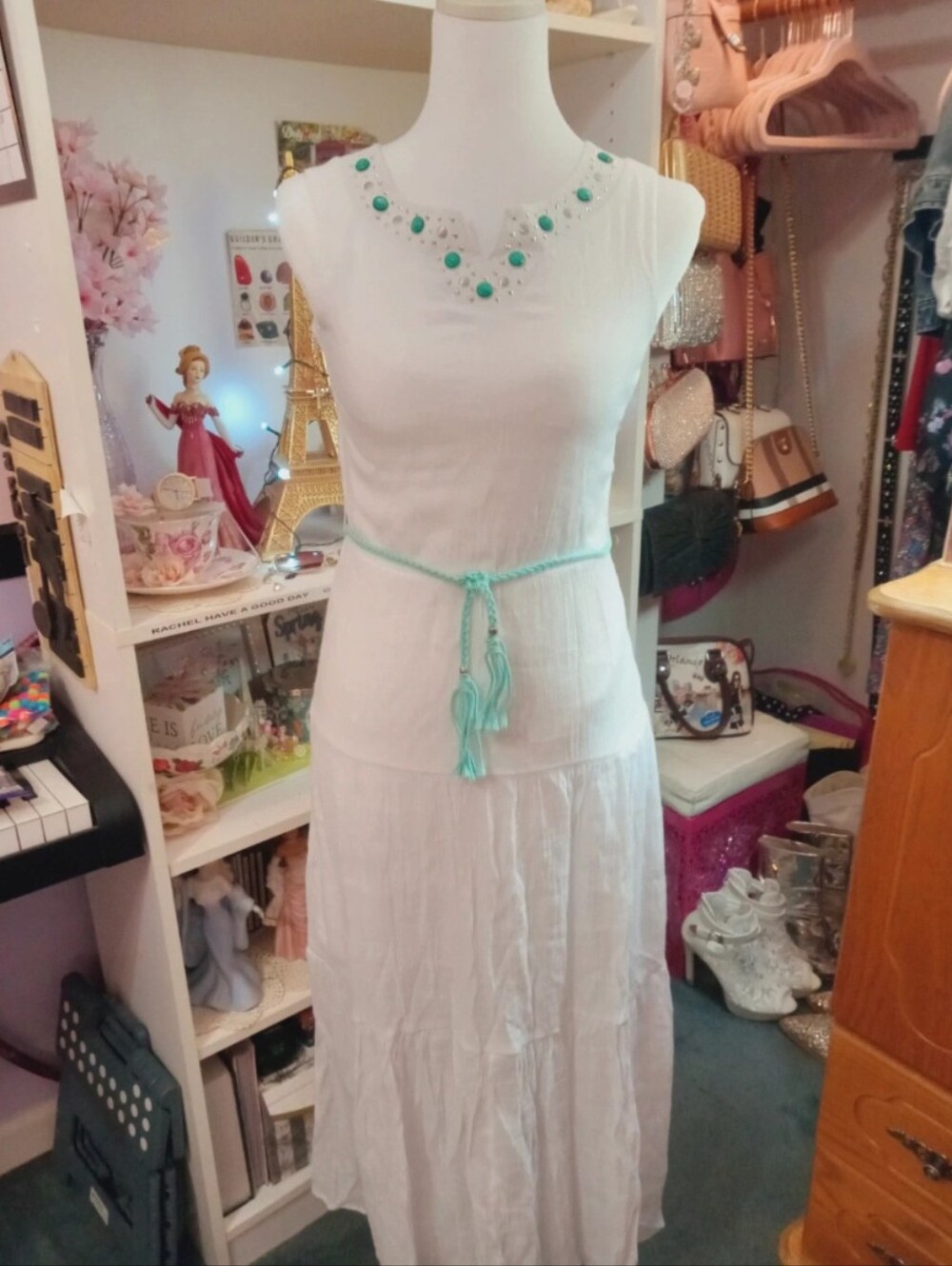 White Sleeveless Cover Up/Dress with Turquoise Trim Size 12 Tiered Skirt Belt